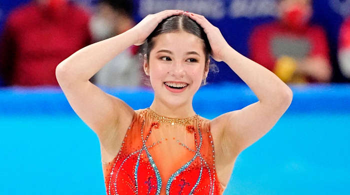 Alysa Liu (USA) in the women s figure skating short program during the Beijing 2022 Olympic Winter Games at Capital Indoor Stadium.